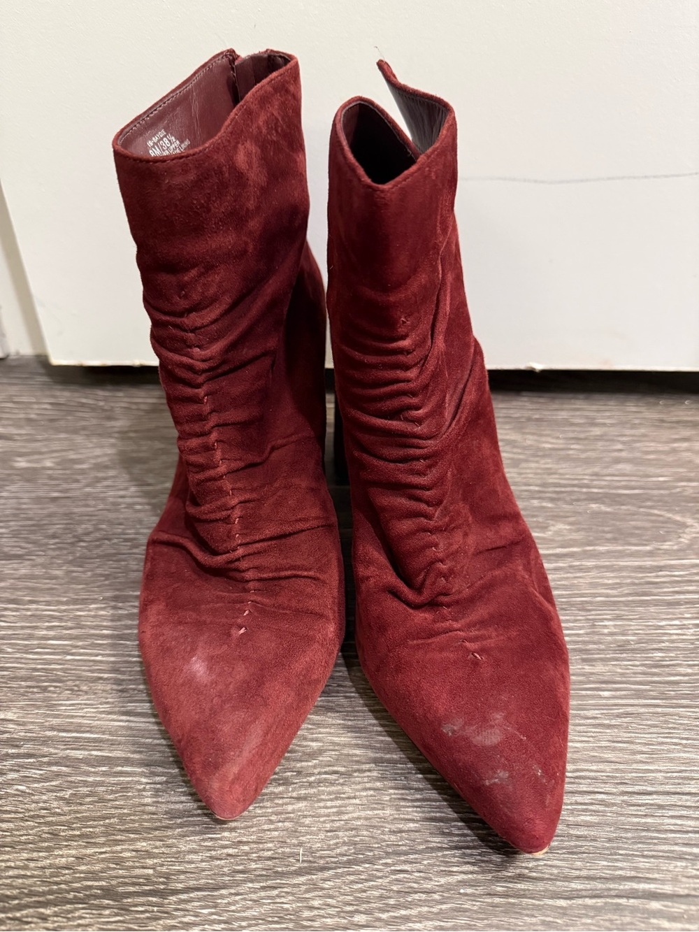 1. State Women's Burgundy Suede Pointed-Toe Ruched Ankle Boots